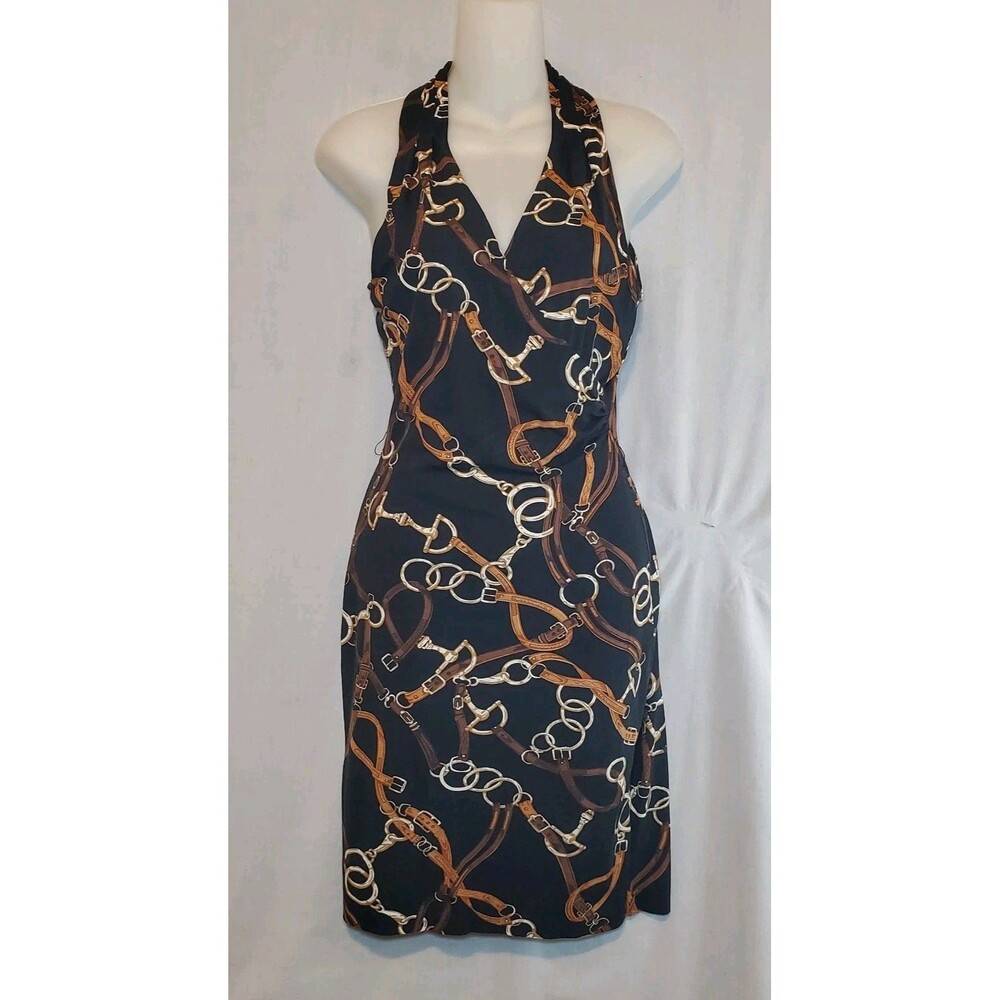 Vtg Cashe' Horse Bit Equestrian Print Faux Wrap Halter Dress Sz Small Black Gold